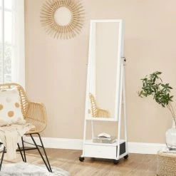 SONGMICS Armoire à Bijoux, Avec Miroir Psyché, Organisateur De Bijoux Sur Pieds, Verouillable, Avec Tiroir, étagère, Roulettes, Idée Cadeau, Blanc JJC004W02 - Blanc