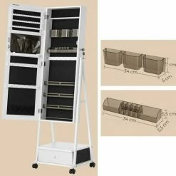 SONGMICS Armoire à Bijoux, Avec Miroir Psyché, Organisateur De Bijoux Sur Pieds, Verouillable, Avec Tiroir, étagère, Roulettes, Idée Cadeau, Blanc JJC004W02 - Blanc -SONGMICS Soldes 29864038 4