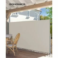 SONGMICS 180 X 350 Cm (H X L), Store Latéral Pour Balcon Et Terrasse, Pare-Soleil, Brise-Vue, Protection Vie Privée, Beige GSA185T02 - Beige