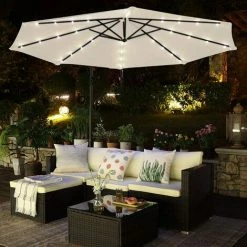 SONGMICS Parasol De Jardin Décentré Avec Ampoules LED Alimentées Par L'énergie Solaire, Ombrelle De Ø 3 M, Avec Socle, Protection UPF 50+, Manivelle, Jardin, Piscine, Beige GPU018M01 - Beige -SONGMICS Soldes 30149225 2