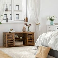 VASAGLE Meuble TV, Support Télé Avec Portes Persiennes, Rangement Télévision Ouvert, Avec Ouverture Câbles, étagères Réglables, Pour Téléviseur Jusqu'à 43 Pouces, Marron Rustique Par SONGMICS LTV102X01 - Marron Rustique -SONGMICS Soldes 30684900 2