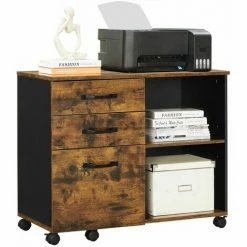 VASAGLE Caisson 3 Tiroirs, Meuble Rangement Bureau Avec Compartiments Ouverts, Pour Format A4, Documents, Support D'imprimante, Style Industriel, Marron Rustique Et Noir Par SONGMICS OFC041B01 - Marron Rustique Et Noir