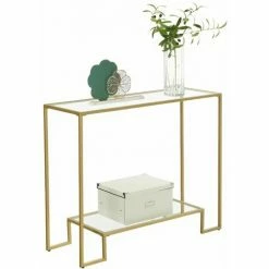 VASAGLE Table Console, Table D'entrée, 2 étagères En Verre Trempé, Cadre En Acier, 100 X 35 X 80 Cm, Pour Entrée, Couloir, Salon, Doré Par SONGMICS LGT023A01 - Doré