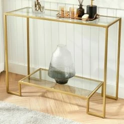 VASAGLE Table Console, Table D'entrée, 2 étagères En Verre Trempé, Cadre En Acier, 100 X 35 X 80 Cm, Pour Entrée, Couloir, Salon, Doré Par SONGMICS LGT023A01 - Doré -SONGMICS Soldes 32830221 4