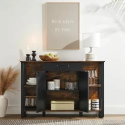 VASAGLE Meuble De Rangement, Placard De Cuisine, Buffet Avec Tiroir, Portes, Structure En Métal, Pour Salon, Salle à Manger, Couloir, Marron Rustique Et Noir Par SONGMICS LSC103B01 - Marron Rustique Et Noir -SONGMICS Soldes 33016399 3