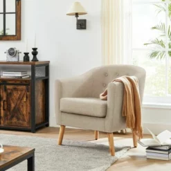 VASAGLE Fauteuil, Chaise D’appoint En Tissu, Siège Avec Assise Rembourré, Pieds En Bois Massif, Pour Salon, Salle à Manger, Chambre D'amis, Bureau, Beige Par SONGMICS LAC005M01 -SONGMICS Soldes 33016403 3