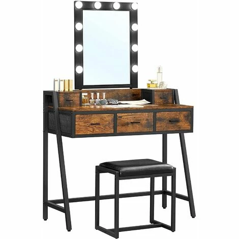 VASAGLE Coiffeuse Avec Tabouret, Table De Maquillage, Avec 10 Ampoules LED Intensité Réglable, Miroir, Pour Chambre, Dressing, Style Industriel, Marron Rustique Et Noir Par SONGMICS RVT015B01 - Marron Rustique Et Noir 3 VASAGLE Coiffeuse Avec Tabouret, Table De Maquillage, Avec 10 Ampoules LED Intensité Réglable, Miroir, Pour Chambre, Dressing, Style Industriel, Marron Rustique Et Noir Par SONGMICS RVT015B01 - Marron Rustique Et Noir