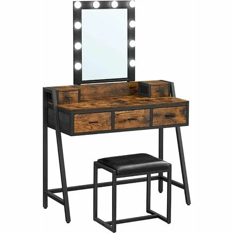 VASAGLE Coiffeuse Avec Tabouret, Table De Maquillage, Avec 10 Ampoules LED Intensité Réglable, Miroir, Pour Chambre, Dressing, Style Industriel, Marron Rustique Et Noir Par SONGMICS RVT015B01 - Marron Rustique Et Noir 4 VASAGLE Coiffeuse Avec Tabouret, Table De Maquillage, Avec 10 Ampoules LED Intensité Réglable, Miroir, Pour Chambre, Dressing, Style Industriel, Marron Rustique Et Noir Par SONGMICS RVT015B01 - Marron Rustique Et Noir – Image 2