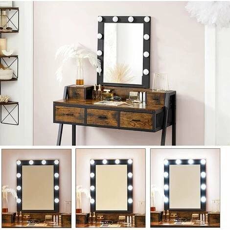 VASAGLE Coiffeuse Avec Tabouret, Table De Maquillage, Avec 10 Ampoules LED Intensité Réglable, Miroir, Pour Chambre, Dressing, Style Industriel, Marron Rustique Et Noir Par SONGMICS RVT015B01 - Marron Rustique Et Noir 6 VASAGLE Coiffeuse Avec Tabouret, Table De Maquillage, Avec 10 Ampoules LED Intensité Réglable, Miroir, Pour Chambre, Dressing, Style Industriel, Marron Rustique Et Noir Par SONGMICS RVT015B01 - Marron Rustique Et Noir – Image 4
