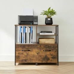 VASAGLE Caisson Avec Tiroir Et Compartiments Ouverts, Meuble De Rangement Bureau, Pour Format A4, Documents, Support D'Imprimante, Avec Roulettes, Style Industriel, Marron Rustique Et Noir Par SONGMICS OFC043B01 - Marron Rustique Et Noir -SONGMICS Soldes 35028602 3