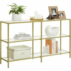 SONGMICS VASAGLE Table Console, Meuble D’entrée, Étagère à 3 Niveaux, En Verre Trempé, 130 X 30 X 73 Cm, Cadre En Métal, Style Moderne, Pour Entrée, Salon, Chambre, Doré LGT024A01 - Doré