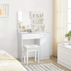 VASAGLE Coiffeuse, Table De Maquillage, Avec Miroir, 1 Tiroir, 2 étagères, Placard De Rangement, Organisateur De Maquillage, Blanc Par SONGMICS RDT119W01 - Blanc -SONGMICS Soldes 37627226 3