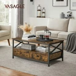 VASAGLE Table Basse, Table De Salon, Buffet Bas, Avec 2 Tiroirs Et Un Compartiment Ouvert, Cadre En Acier En Forme De X, 100 X 55 X 45 Cm, Style Industriel, Marron Rustique Et Noir Par SONGMICS LCT201B01 - Marron Rustique Et Noir