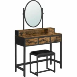 VASAGLE Coiffeuse Avec Tabouret, Table De Maquillage, Avec Miroir Oval, Tiroirs, Rangement Ouvert, Pour Chambre, Dressing, Style Industriel, Marron Rustique Et Noir Par SONGMICS RVT006B01 - Marron Rustique Et Noir