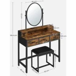 VASAGLE Coiffeuse Avec Tabouret, Table De Maquillage, Avec Miroir Oval, Tiroirs, Rangement Ouvert, Pour Chambre, Dressing, Style Industriel, Marron Rustique Et Noir Par SONGMICS RVT006B01 - Marron Rustique Et Noir -SONGMICS Soldes 41463403 5