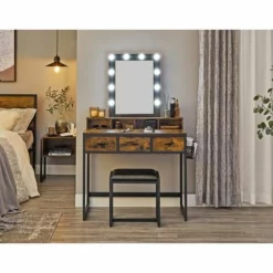 VASAGLE Coiffeuse Avec Tabouret, Table De Maquillage, Avec 10 Ampoules LED Intensité Réglable, Miroir, Pour Chambre, Dressing, Style Industriel, Marron Rustique Et Noir Par SONGMICS RVT014B01 - Marron Rustique Et Noir -SONGMICS Soldes 41463950 2