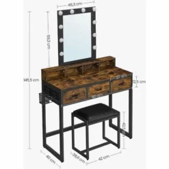 VASAGLE Coiffeuse Avec Tabouret, Table De Maquillage, Avec 10 Ampoules LED Intensité Réglable, Miroir, Pour Chambre, Dressing, Style Industriel, Marron Rustique Et Noir Par SONGMICS RVT014B01 - Marron Rustique Et Noir -SONGMICS Soldes 41463950 5