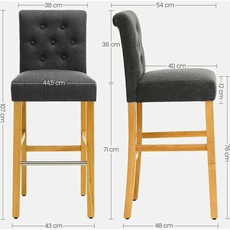SONGMICS Lot De 2 Chaises De Bar, Tabourets Hauts, Sièges De Cuisine, Hauteur D'Assise 76 Cm, Avec Repose-Pieds En Métal Et Dossier, Pieds En Bois, Tissu En Coton-Lin, Gris LDC036G01 - Gris 7 SONGMICS Lot De 2 Chaises De Bar, Tabourets Hauts, Sièges De Cuisine, Hauteur D'Assise 76 Cm, Avec Repose-Pieds En Métal Et Dossier, Pieds En Bois, Tissu En Coton-Lin, Gris LDC036G01 - Gris – Image 5