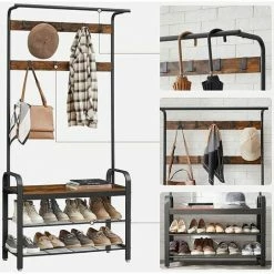 SONGMICS VASAGLE Portemanteau, Vestiaire, Meuble D’Entrée, Avec Crochets Amovible, Banc Et Étagère à Chaussures, Longueur 84 Cm, Cadre En Métal, Style Industriel,Marron Rustique Et Noir HSR400B01 - Marron Rustique Et Noir -SONGMICS Soldes 42735039 3