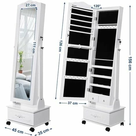 SONGMICS Armoire à Bijoux Mobile, Organisateur De Bijoux, Sur Roulettes, Verrouillable, Avec Lumières LED, 3 Tiroirs, Miroir, Blanc JBC61W - Blanc 7 SONGMICS Armoire à Bijoux Mobile, Organisateur De Bijoux, Sur Roulettes, Verrouillable, Avec Lumières LED, 3 Tiroirs, Miroir, Blanc JBC61W - Blanc – Image 5