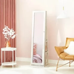 SONGMICS Armoire à Bijoux Pivotante Sur Pieds, Meuble De Rangement 3-en-1 Pour Cosmétiques, Placard Beauté, Avec Miroirs, étagères, Serrure, Style Nordique Scandinave, Blanc Boisé JBC62W - Blanc
