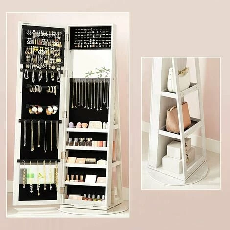 SONGMICS Armoire à Bijoux Pivotante Sur Pieds, Meuble De Rangement 3-en-1 Pour Cosmétiques, Placard Beauté, Avec Miroirs, étagères, Serrure, Style Nordique Scandinave, Blanc Boisé JBC62W - Blanc 4 SONGMICS Armoire à Bijoux Pivotante Sur Pieds, Meuble De Rangement 3-en-1 Pour Cosmétiques, Placard Beauté, Avec Miroirs, étagères, Serrure, Style Nordique Scandinave, Blanc Boisé JBC62W - Blanc – Image 2