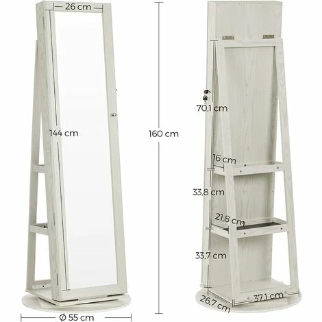 SONGMICS Armoire à Bijoux Pivotante Sur Pieds, Meuble De Rangement 3-en-1 Pour Cosmétiques, Placard Beauté, Avec Miroirs, étagères, Serrure, Style Nordique Scandinave, Blanc Boisé JBC62W - Blanc 7 SONGMICS Armoire à Bijoux Pivotante Sur Pieds, Meuble De Rangement 3-en-1 Pour Cosmétiques, Placard Beauté, Avec Miroirs, étagères, Serrure, Style Nordique Scandinave, Blanc Boisé JBC62W - Blanc – Image 5