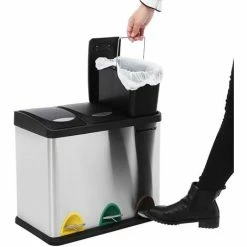SONGMICS Poubelle De Recyclage, Poubelle à Pédales 3-en-1, Poubelle 24 Litres En Métal, Pour Cuisine, Durable, Facile à Nettoyer, Argent Et Noir LTB24L - Argent -SONGMICS Soldes 4327482 4