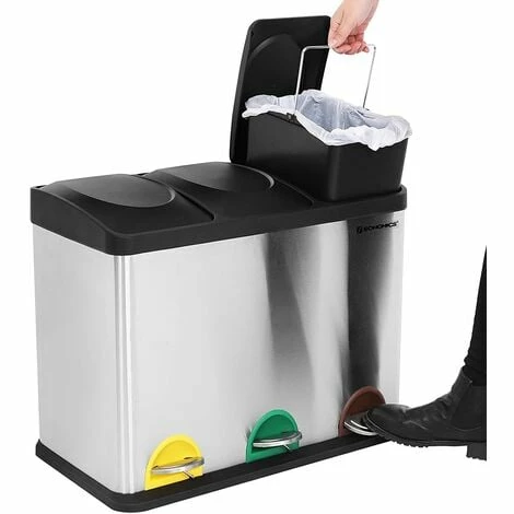 SONGMICS 45L (3x15L) Poubelle De Cuisine Résistante Avec Pédales Et 3 Compartiments Tri Sélectif De Recyclage En Inox LTB45L - Argent 4 SONGMICS 45L (3x15L) Poubelle De Cuisine Résistante Avec Pédales Et 3 Compartiments Tri Sélectif De Recyclage En Inox LTB45L - Argent – Image 2