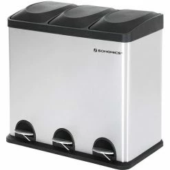 SONGMICS 54L (3x18L) Poubelle De Cuisine Résistante Avec Pédales Et 3 Compartiments Tri Sélectif De Recyclage En Inox LTB54L - Argent