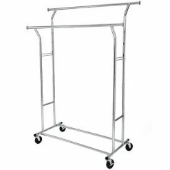 SONGMICS Portant Penderie à Vêtement Métallique Double Barres Extensibles Hauteur Réglable Avec Roulettes Chrome HSR12S - Argent
