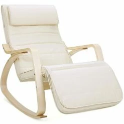 SONGMICS Fauteuil à Bascule, Chaise Berçante, Avec Repose-pieds Réglable à 5 Niveaux, Avec Oreiller, Housse En Coton, Capacité De Charge 150 Kg, Beige LYY10M