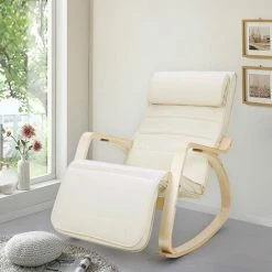 SONGMICS Fauteuil à Bascule, Chaise Berçante, Avec Repose-pieds Réglable à 5 Niveaux, Avec Oreiller, Housse En Coton, Capacité De Charge 150 Kg, Beige LYY10M -SONGMICS Soldes 4492850 3