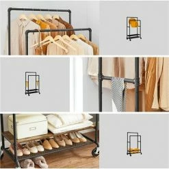 VASAGLE Portant à Vêtements, Porte-Manteau Extensible, Support Habits Sur Roulettes, Avec 2 Barres, Façon Tuyaux, Style Industriel, Marron Rustique Et Noir Par SONGMICS RGR120B01 - Marron Rustique Et Noir -SONGMICS Soldes 45179237 4