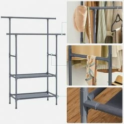 SONGMICS Portant à Vêtements Double Barre, Portemanteau, Penderie, Organisateur, En Métal, Avec étagère De Rangement à 2 Niveaux, Charge 70 Kg, Montage Facile, Gris RDR002G02 - Gris -SONGMICS Soldes 45295352 4