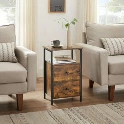 VASAGLE Table De Chevet, Table De Nuit, Bout De Canapé 2 Tiroirs, Pour Chambre, Salon, Style Industriel, Marron Rustique Et Noir Par SONGMICS LET521B01 - Marron Rustique Et Noir -SONGMICS Soldes 45295467 3