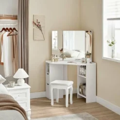 VASAGLE Coiffeuse D’Angle, Table De Maquillage, Avec Triple Miroir, 2 Tiroirs Et 3 Compartiments De Rangement, 110 X 54 X 140 Cm, Style Moderne, Blanc Par SONGMICS RDT121T10 - Blanc -SONGMICS Soldes 46551904 2