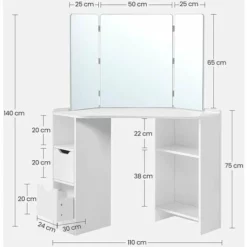 VASAGLE Coiffeuse D’Angle, Table De Maquillage, Avec Triple Miroir, 2 Tiroirs Et 3 Compartiments De Rangement, 110 X 54 X 140 Cm, Style Moderne, Blanc Par SONGMICS RDT121T10 - Blanc -SONGMICS Soldes 46551904 5
