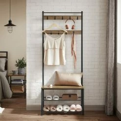 SONGMICS VASAGLE Portemanteau, Meuble D’Entrée, Vestiaire, Portant, Avec Banc Et Étagère à Chaussures, Crochets, Cadre En Métal, Hauteur 175 Cm, Style Industriel, Marron Noix Et Noir HSR041B41 - Marron Noix Et Noir