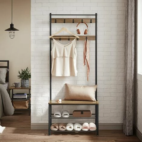 SONGMICS VASAGLE Portemanteau, Meuble D’Entrée, Vestiaire, Portant, Avec Banc Et Étagère à Chaussures, Crochets, Cadre En Métal, Hauteur 175 Cm, Style Industriel, Marron Noix Et Noir HSR041B41 - Marron Noix Et Noir 3 SONGMICS VASAGLE Portemanteau, Meuble D’Entrée, Vestiaire, Portant, Avec Banc Et Étagère à Chaussures, Crochets, Cadre En Métal, Hauteur 175 Cm, Style Industriel, Marron Noix Et Noir HSR041B41 - Marron Noix Et Noir