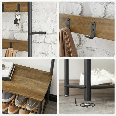 SONGMICS VASAGLE Portemanteau, Meuble D’Entrée, Vestiaire, Portant, Avec Banc Et Étagère à Chaussures, Crochets, Cadre En Métal, Hauteur 175 Cm, Style Industriel, Marron Noix Et Noir HSR041B41 - Marron Noix Et Noir 6 SONGMICS VASAGLE Portemanteau, Meuble D’Entrée, Vestiaire, Portant, Avec Banc Et Étagère à Chaussures, Crochets, Cadre En Métal, Hauteur 175 Cm, Style Industriel, Marron Noix Et Noir HSR041B41 - Marron Noix Et Noir – Image 4