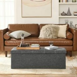 SONGMICS Banc De Rangement Pliable, Pouf, Coffre, Bout De Lit, Banquette, 110 X 38 X 38 Cm, Tissu Façon Lin, Charge 300 Kg, Pour Entrée, Chambre, Salon, Gris Foncé LSF077G04 - Gris Foncé -SONGMICS Soldes 49149584 2