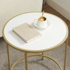 SONGMICS VASAGLE Petite Table Ronde, Table D'Appoint, Bout De Canapé, Dessus En Panneaux, Cadre En Métal Doré, Table De Chevet, Montage Facile, Pour Salon, Chambre, Style Moderne, Doré Et Blanc LET282A10 - Doré Et Blanc -SONGMICS Soldes 49344964 3