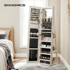 SONGMICS Armoire à Bijoux Avec Miroir Sur Pieds, Verrouillable, Avec 6 LED, Rangement Bijoux Pivotant à 360°, Miroir Psyché Sans Cadre, 3 Étagères De Rangement, Blanc JJC007W01 - Blanc