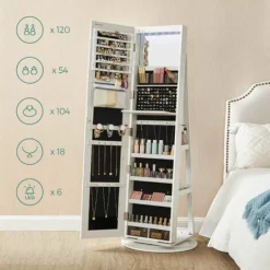 SONGMICS Armoire à Bijoux Avec Miroir Sur Pieds, Verrouillable, Avec 6 LED, Rangement Bijoux Pivotant à 360°, Miroir Psyché Sans Cadre, 3 Étagères De Rangement, Blanc JJC007W01 - Blanc -SONGMICS Soldes 50200044 3