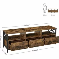 Meuble TV Pour Télévision Jusqu'à 65 Pouces, Banc Télé Avec 3 Tiroirs, 40 X 147 X 50 Cm, Style Industriel, Cadre En Acier, Marron Rustique Et Noir Par SONGMICS LTV301B01 - Marron Rustique Et Noir -SONGMICS Soldes 50314078 4