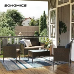 SONGMICS Salon De Jardin Extérieur, Ensemble De Mobilier, Surface Tressée En PE Résine, Table Et Chaises, Pour Terrasse, Jardin, Balcon, Marron Et Taupe GGF004K05  - Marron-Taupe