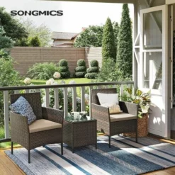 SONGMICS Salon De Jardin Extérieur, Ensemble De Mobilier, Surface Tressée En PE Résine, Table Et Chaises, Pour Terrasse, Jardin, Balcon, Marron Et Taupe GGF003K01 - Marron-Taupe