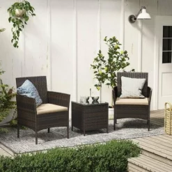 SONGMICS Salon De Jardin Extérieur, Ensemble De Mobilier, Surface Tressée En PE Résine, Table Et Chaises, Pour Terrasse, Jardin, Balcon, Marron Et Taupe GGF003K01 - Marron-Taupe -SONGMICS Soldes 50904747 3