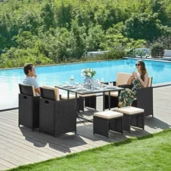 SONGMICS Salon De Jardin Extérieur, Ensemble De Mobilier, Table Et Chaises, 9 Pièces, Surface Tressée En PE Résine, Dessus De Table En Verre, Avec Coussins, Gain De Place, Noir Et Beige GGF009B02 - Noir Et Beige -SONGMICS Soldes 50990173 3